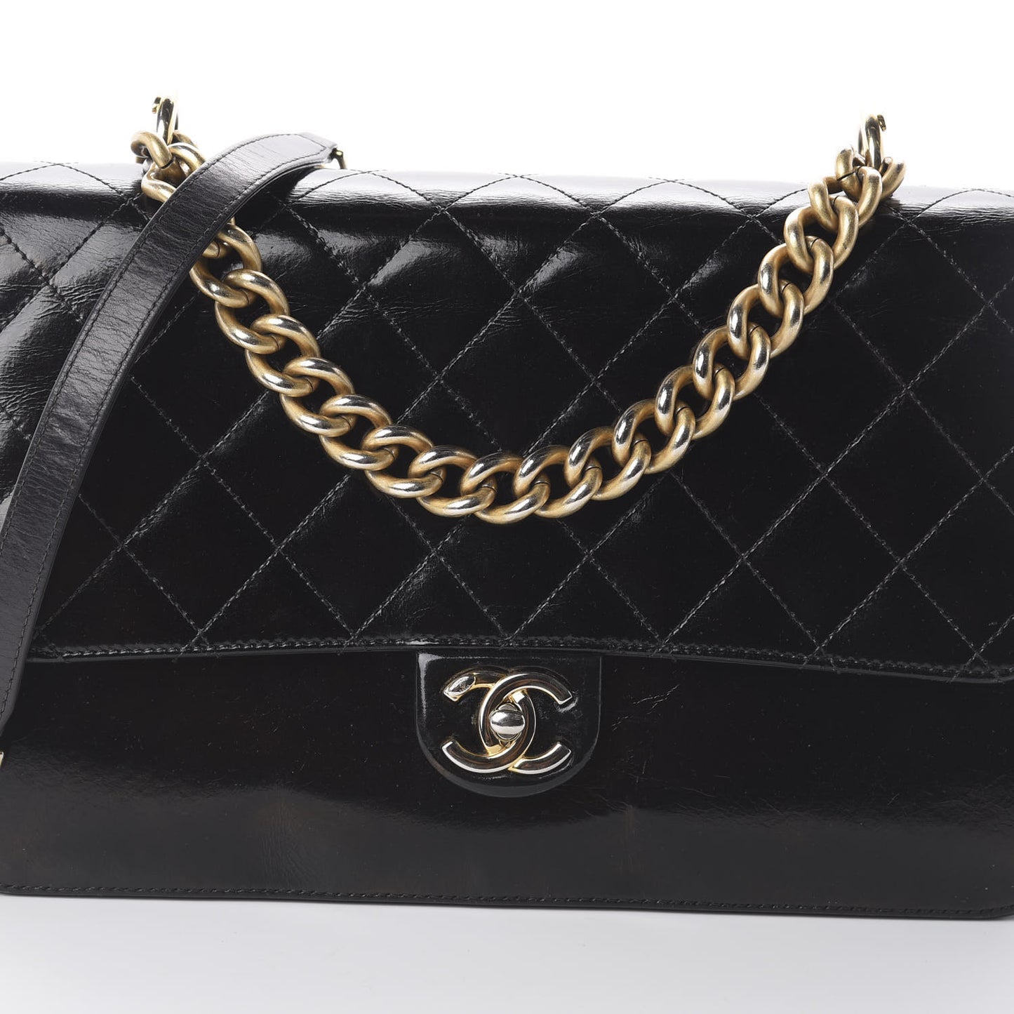 Aged Glazed Calfskin Quilted Straight Lined Flap Black