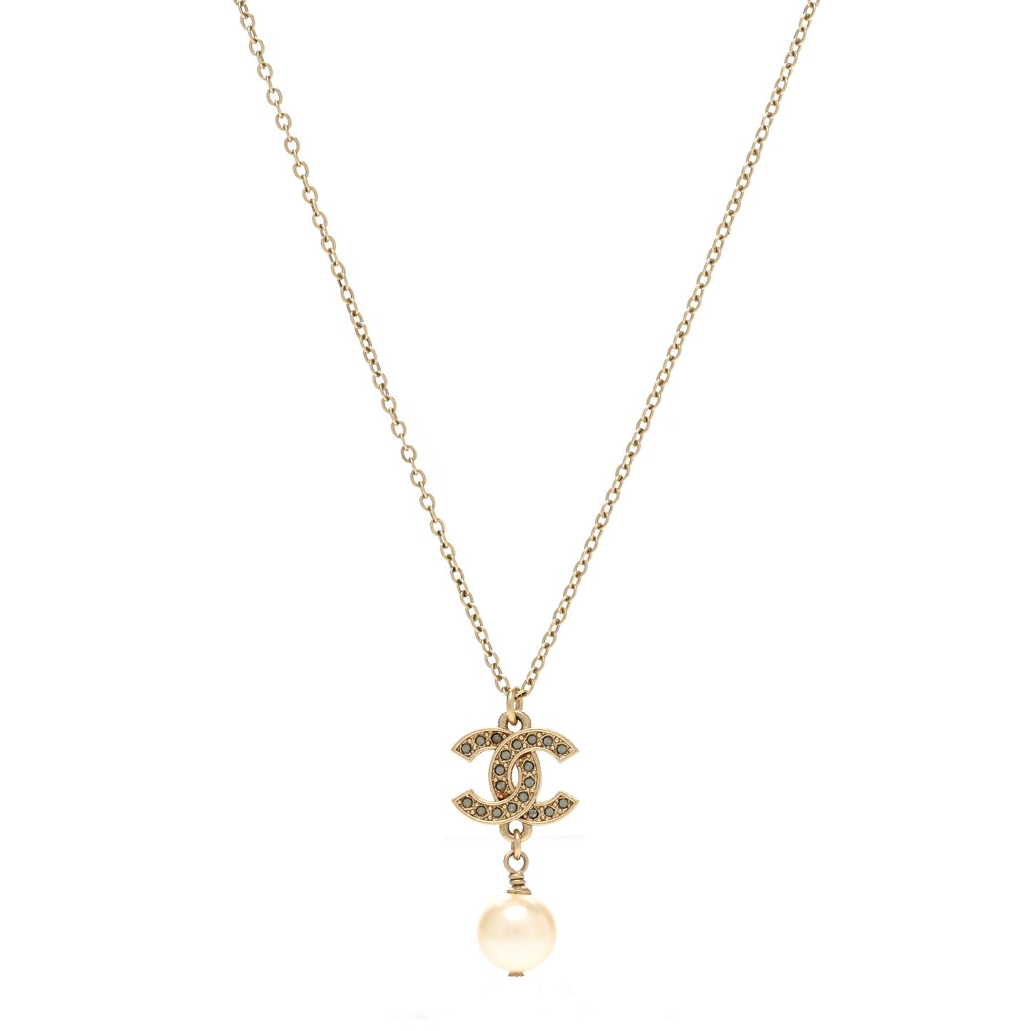 Crystal CC Pearl Drop Necklace Gold