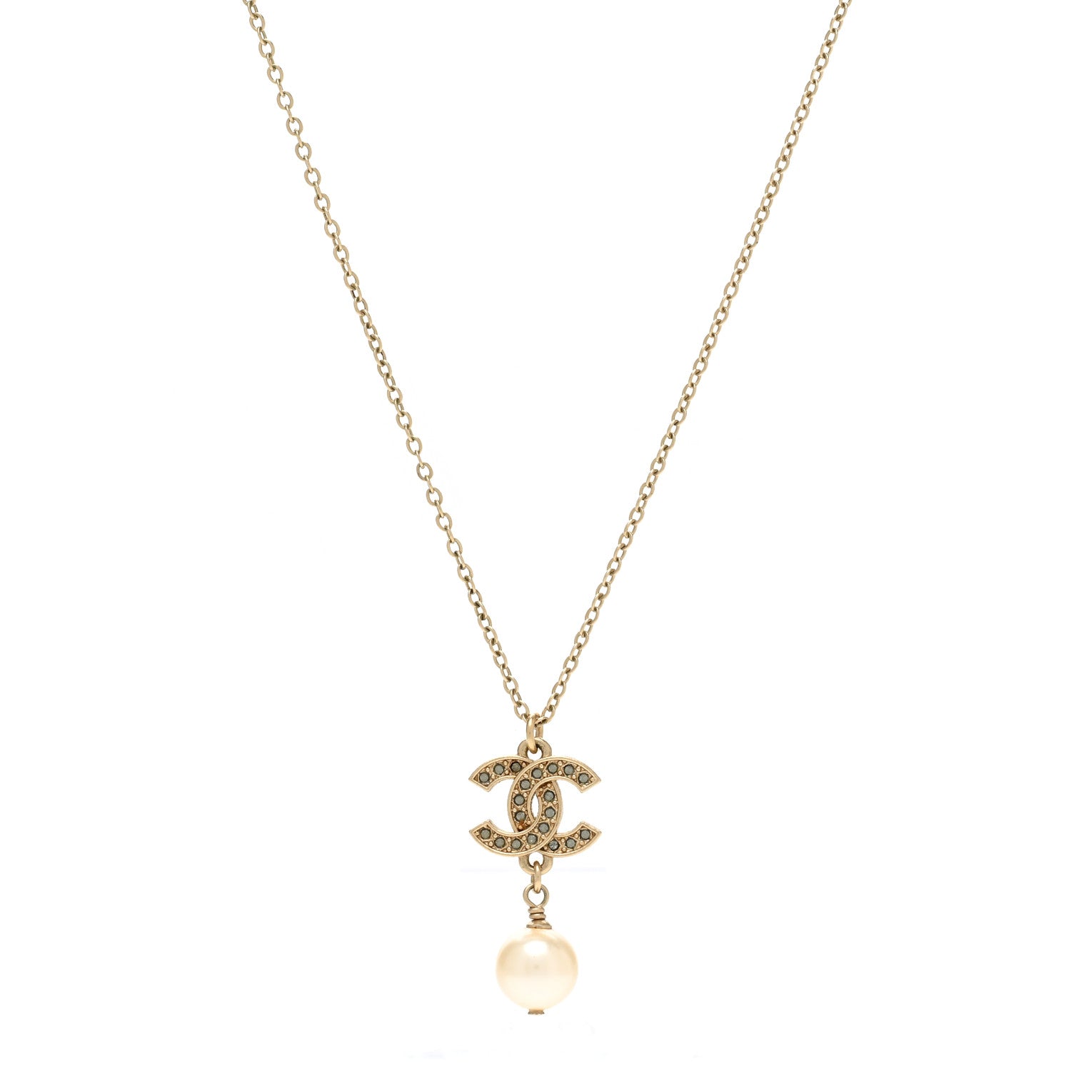 Chanel Crystal CC Pearl Drop Necklace Gold 1 of 6