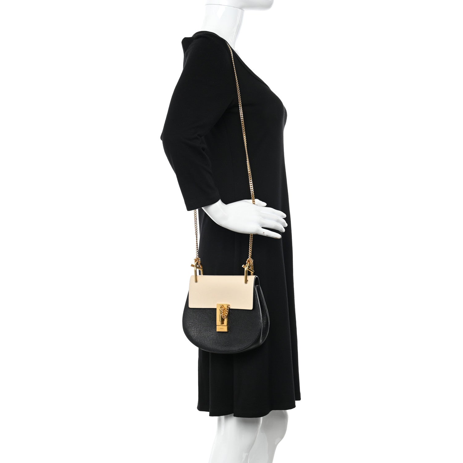 Chloe Grained Calfskin Lambskin Mini Bi-Color Drew Shoulder Bag Black Powder Beige 2 of 11