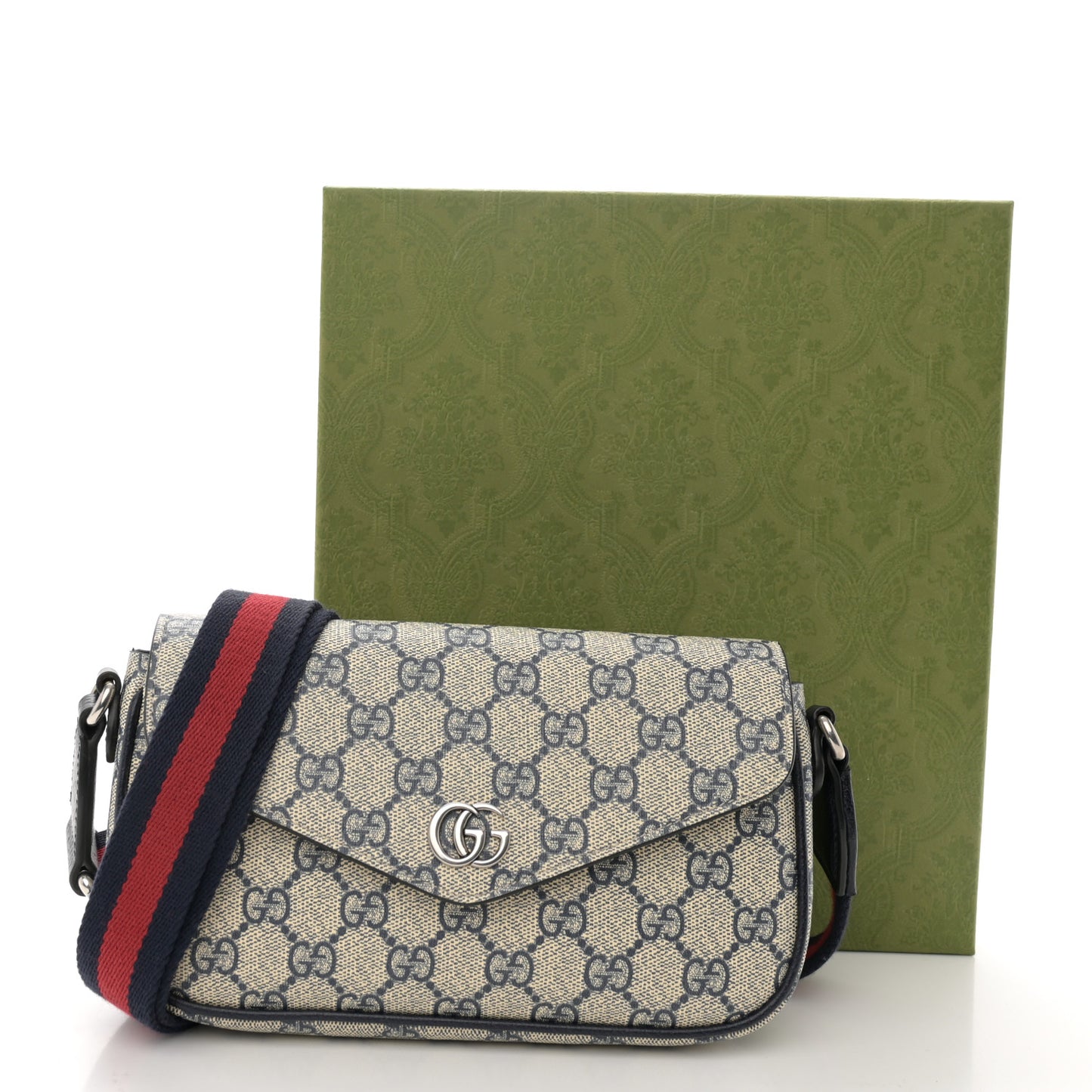 GG Supreme Monogram Textured Dollar Calfskin Web Mini Ophidia Envelope Shoulder Bag Beige Blue