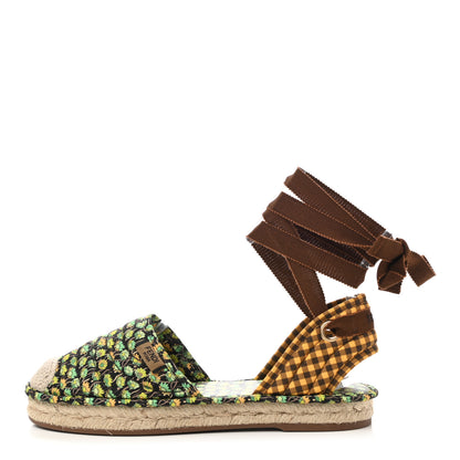 Fendi Canvas Quilted Floral Print Gingham Ankle Wrap Flat Espadrilles 36 Multicolor 1 of 8