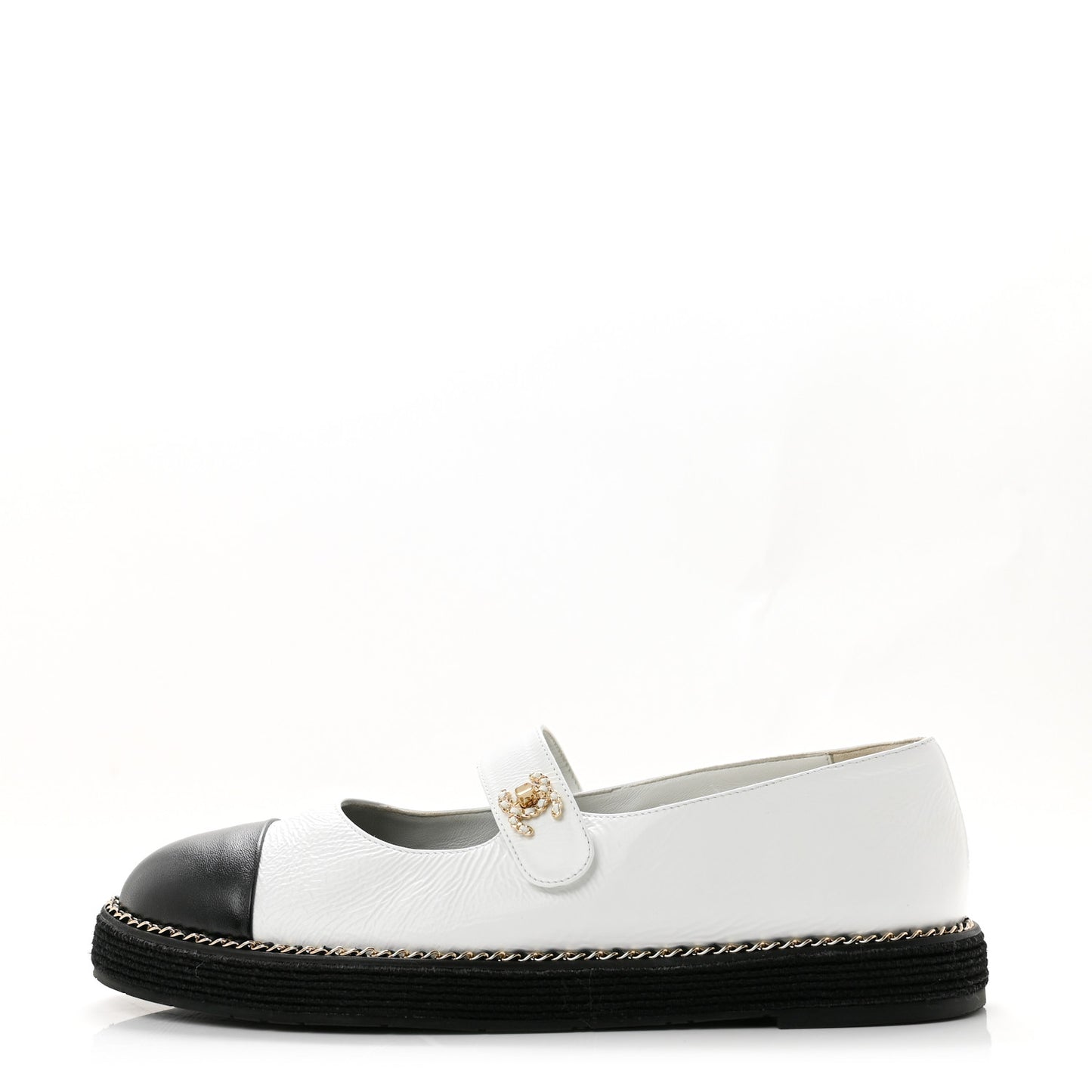 Crumpled Lambskin Cap Toe Chain CC Turnlock Mary Jane Flats 40 White Black