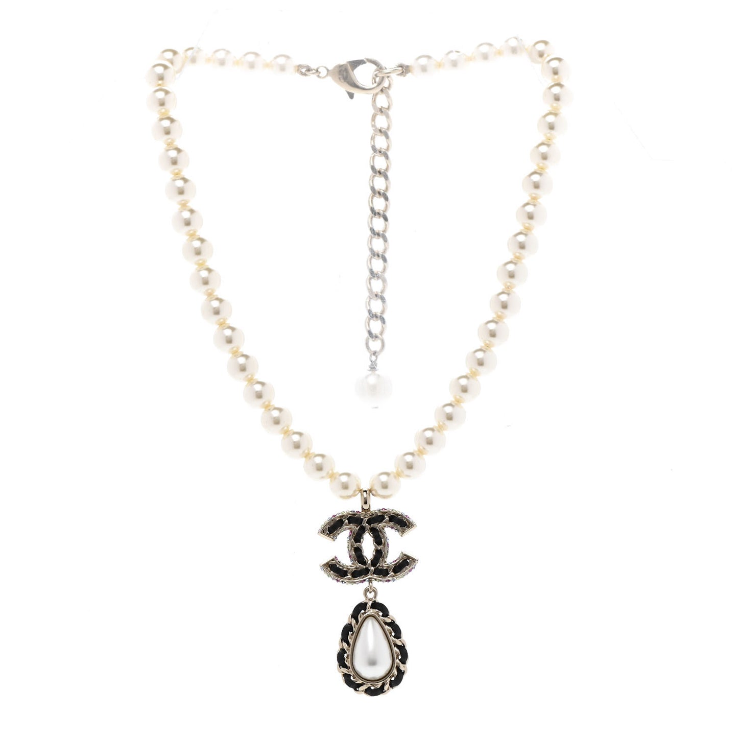 Lambskin Crystal Pearl CC Short Pendant Necklace Gold Pearly White Black Multicolor