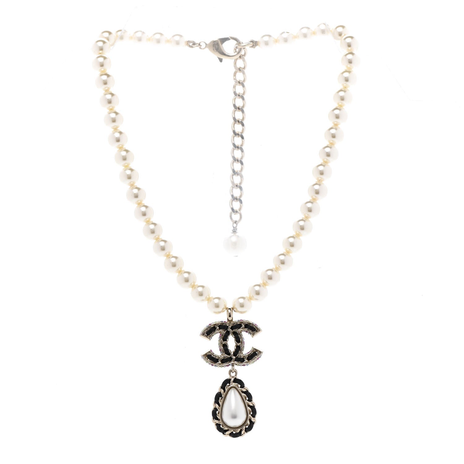 Chanel Lambskin Crystal Pearl CC Short Pendant Necklace Gold Pearly White Black Multicolor 3 of 7