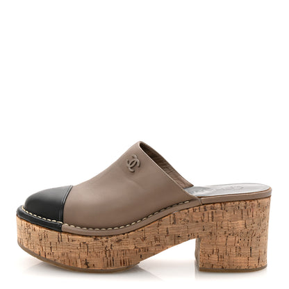 Chanel Calfskin Cork Cap Toe CC Clogs 38.5 Taupe Black 1 of 9
