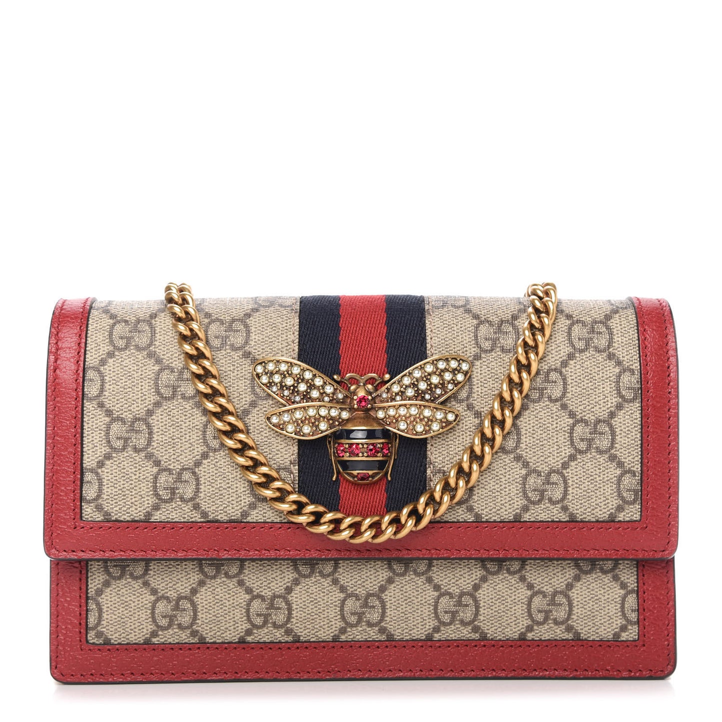GG Supreme Monogram Web Queen Margaret Chain Wallet Red