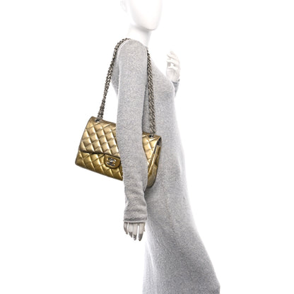 Chanel Striated Patent Quilted Jumbo Double Flap Gold 2 of 12