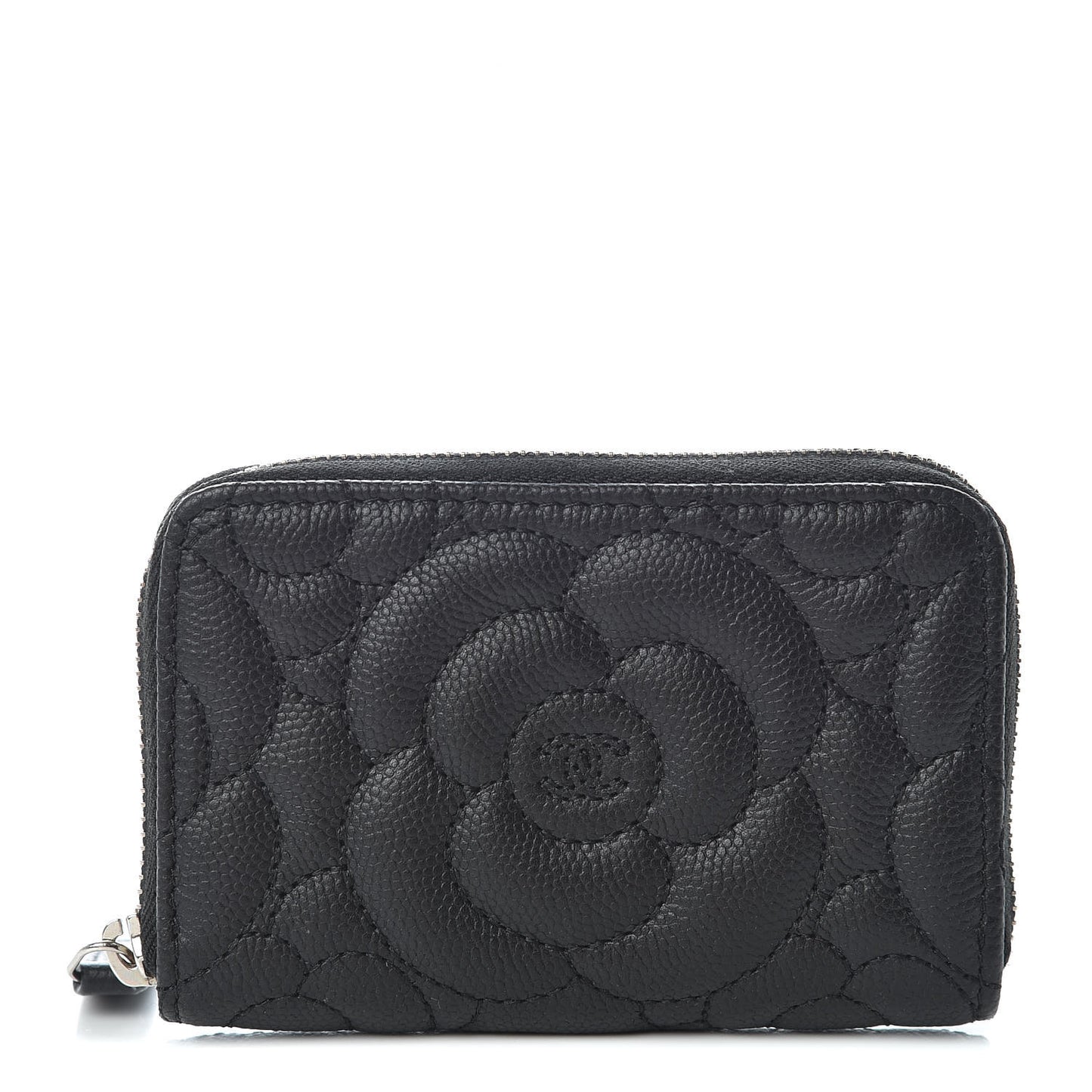 Caviar Camellia Embossed Zip Coin Purse Black