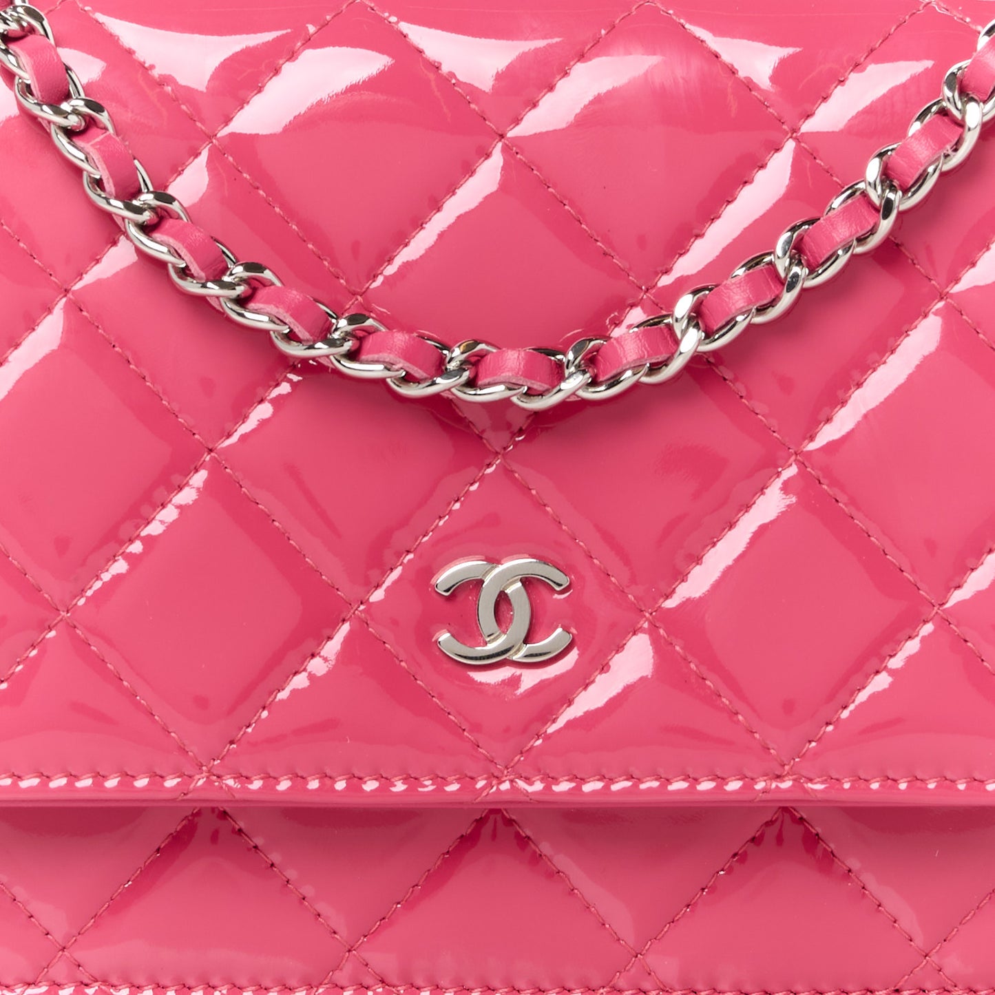 Patent Calfskin Quilted Wallet On Chain WOC Pink