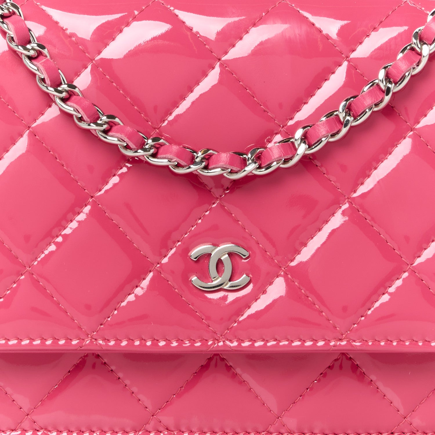 Chanel Patent Calfskin Quilted Wallet On Chain WOC Pink 9 of 12