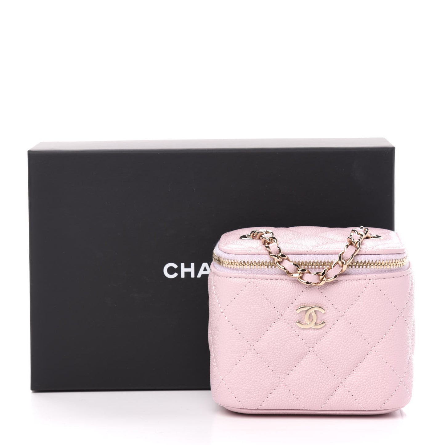 Caviar Quilted Mini Vanity Case With Chain Light Pink