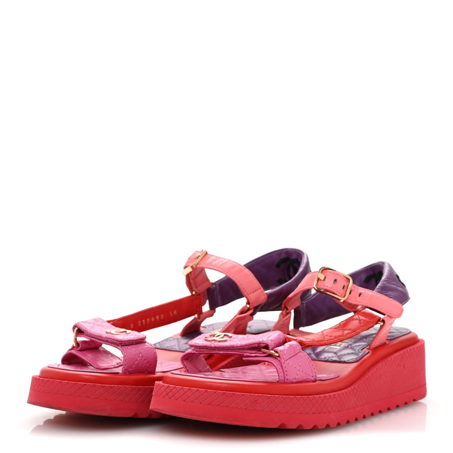Chanel Lambskin Logo Platform Sandals 38 Red Purple Orange 4 of 11