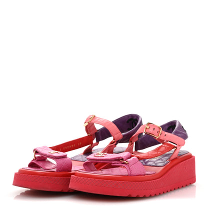 Chanel Lambskin Logo Platform Sandals 38 Red Purple Orange 4 of 11