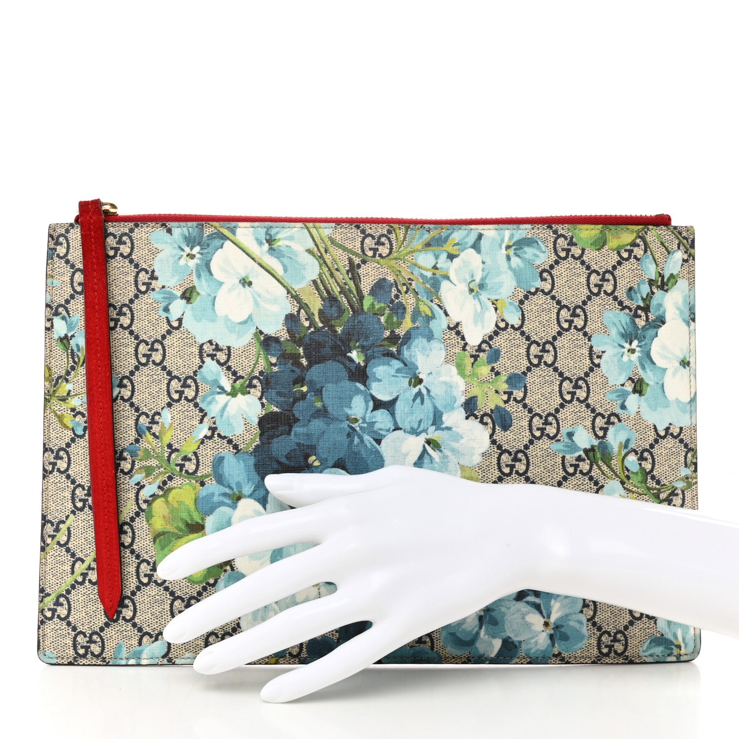 Gucci GG Supreme Monogram Blooms Suede Large Zip Pouch Blue 2 of 7