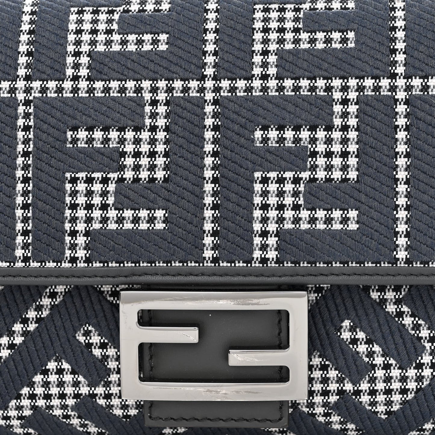 Wool Vitello King Houndstooth FF Embroidered Baguette Grigio Anthracite