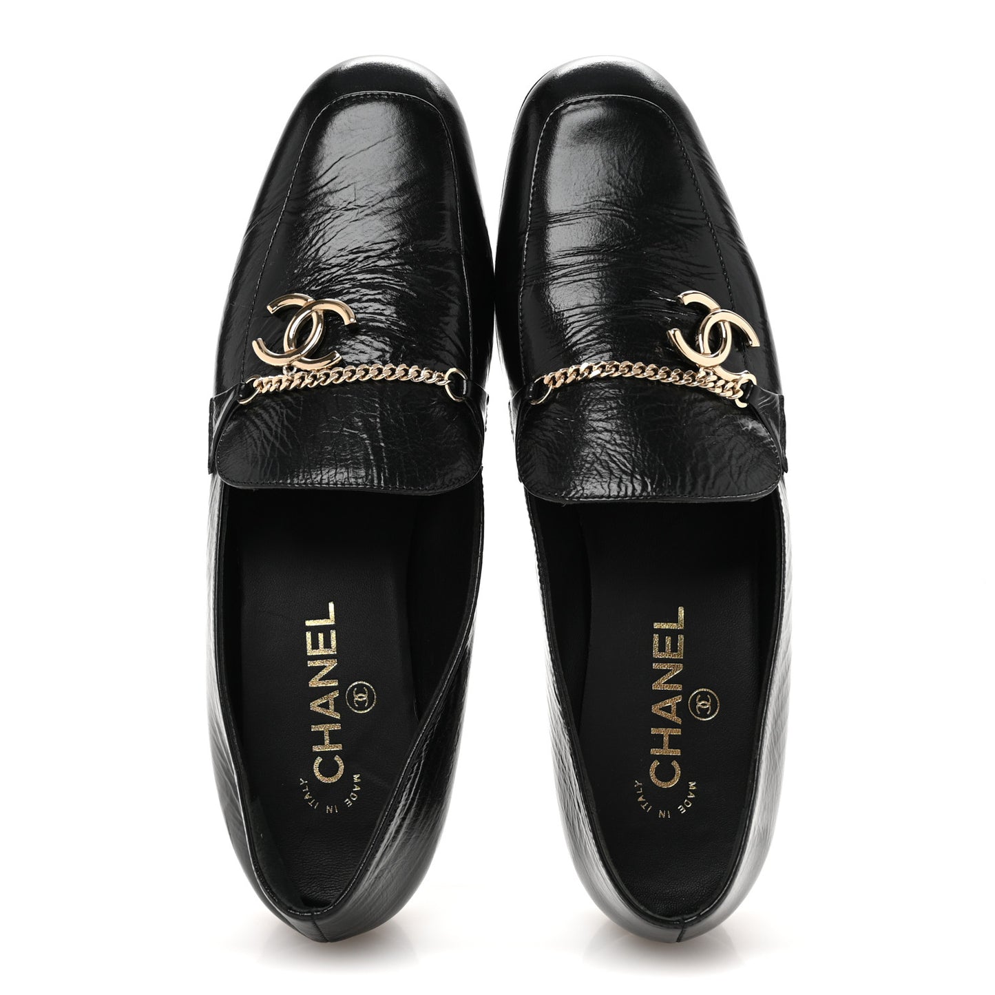 Crinkled Calfskin Chain CC Mocassin Loafers 40 Black