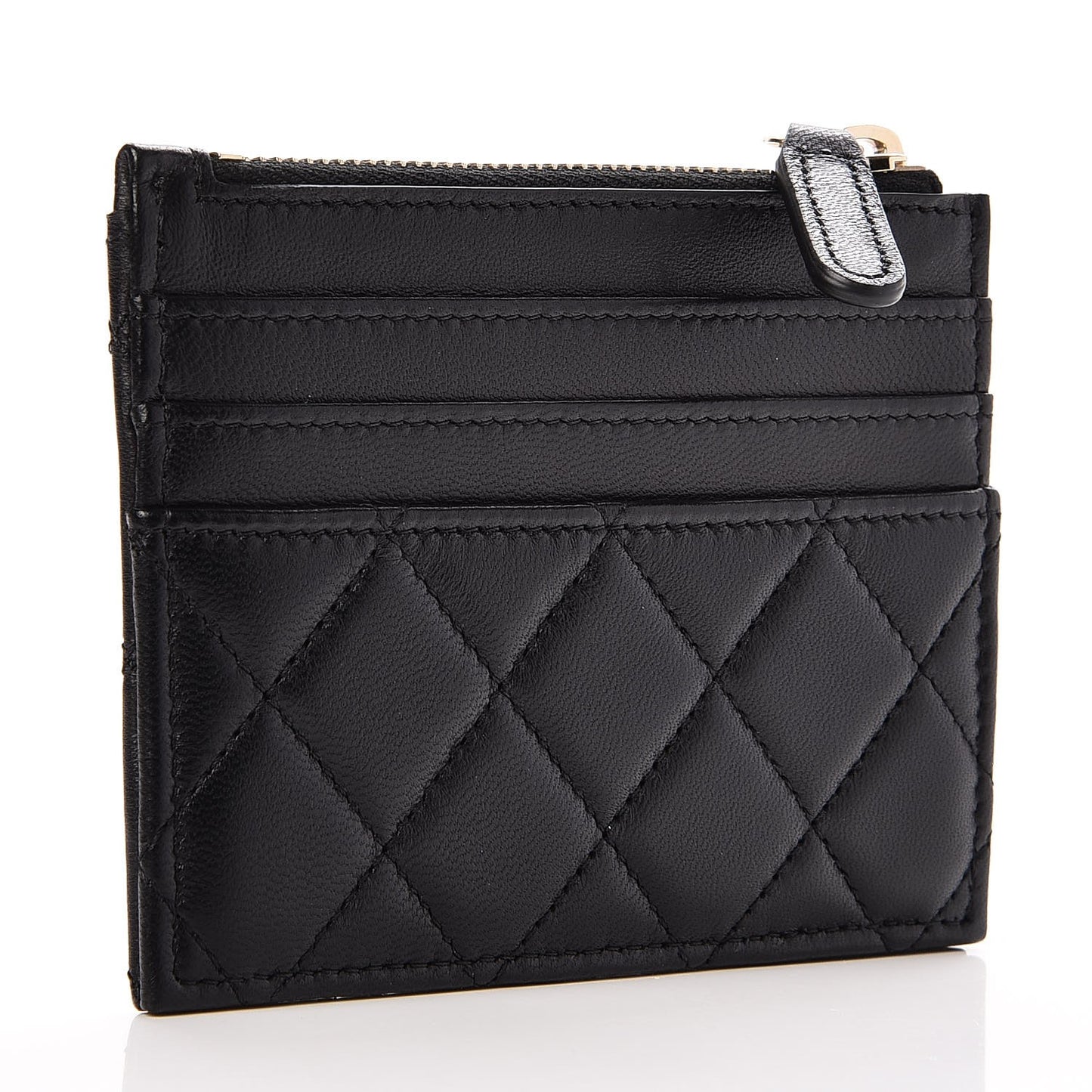 Lambskin Quilted Zip Card Holder Black