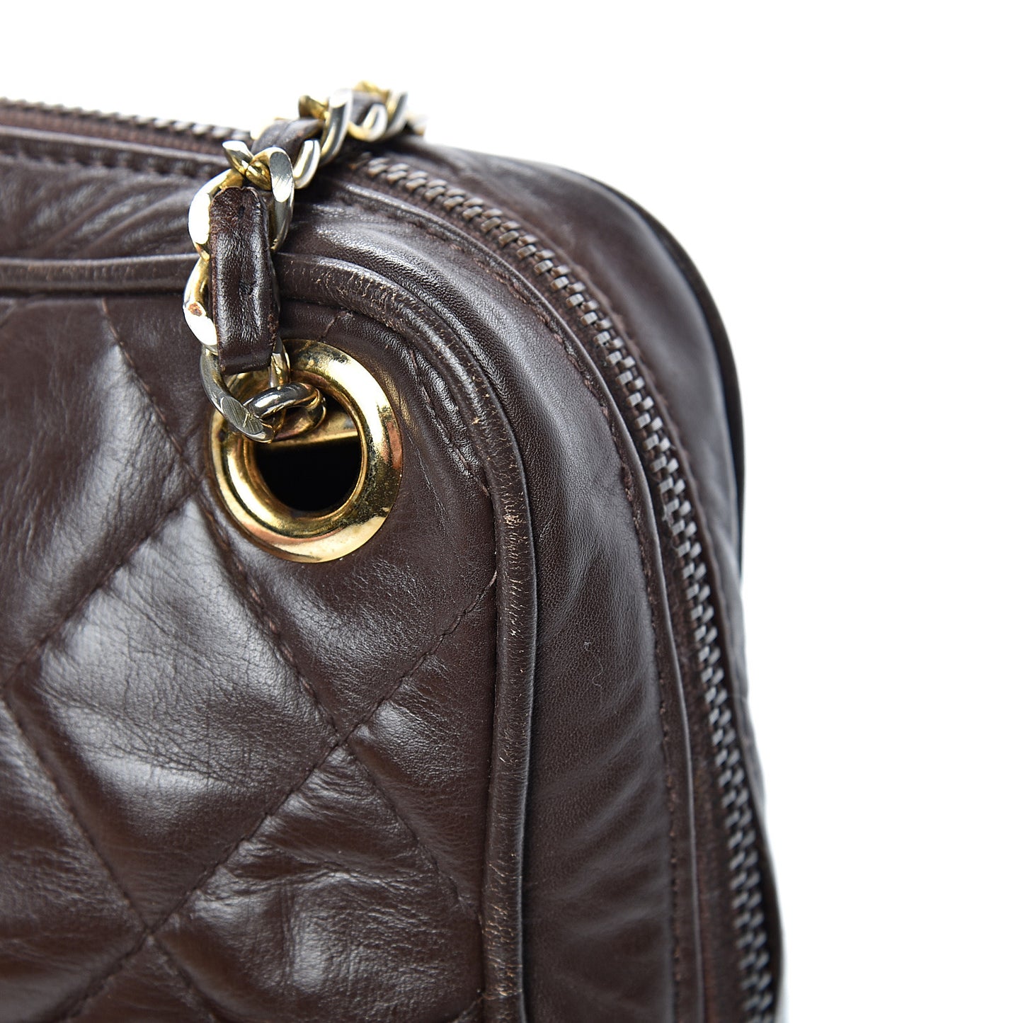 Lambskin Quilted Large Camera Case Brown