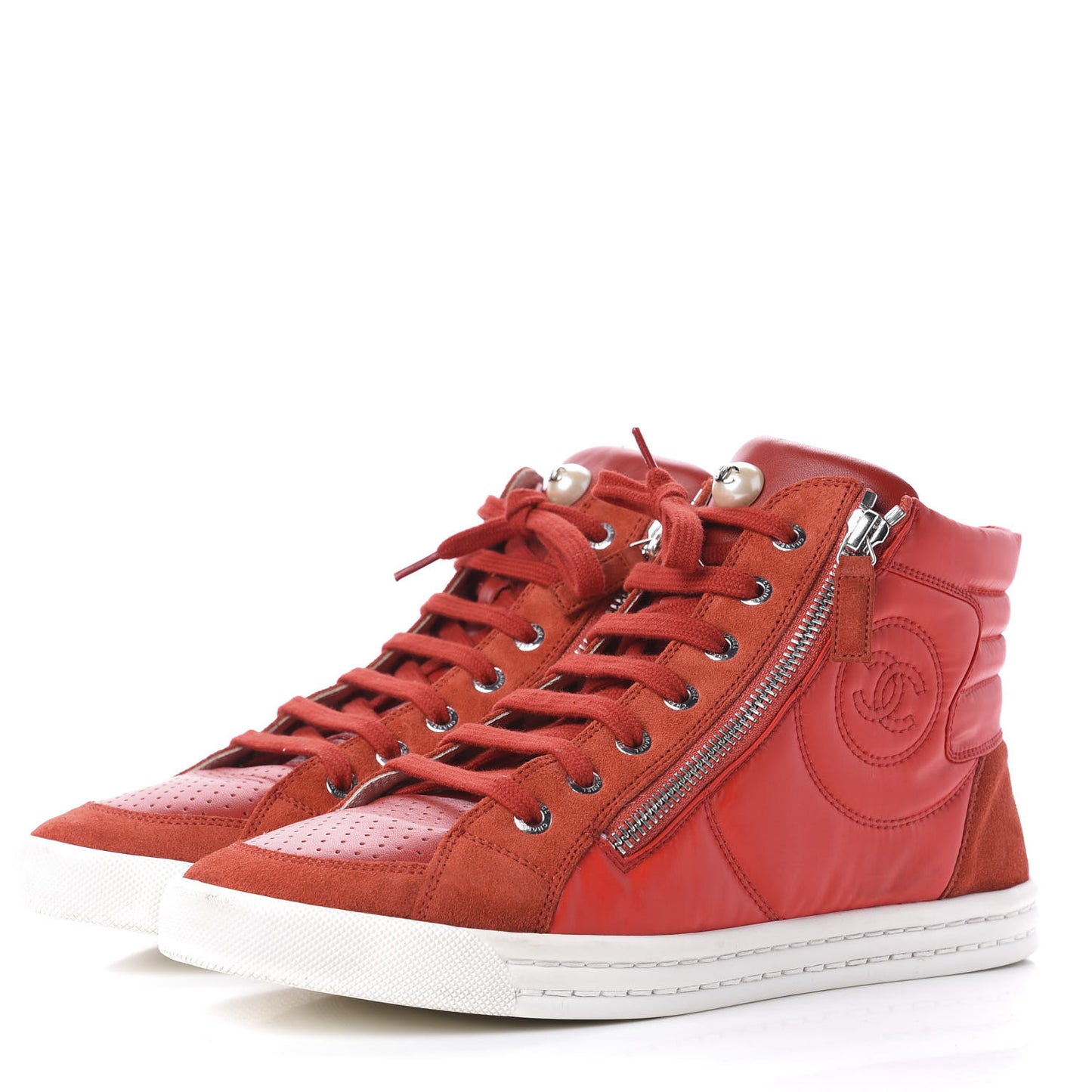 Calfskin Pearl High Top CC Sneakers 39 Red