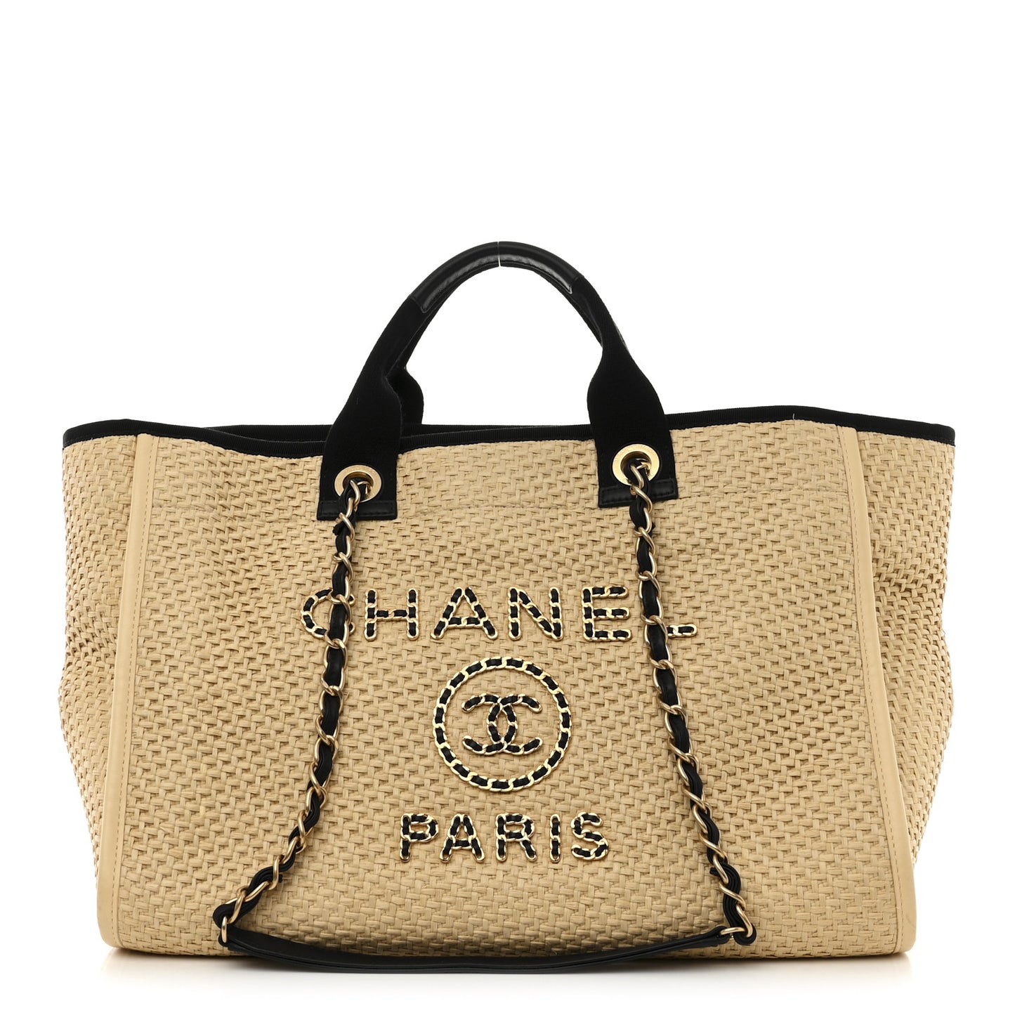 Straw Raffia Calfskin Chain Medium Deauville Tote Beige Black
