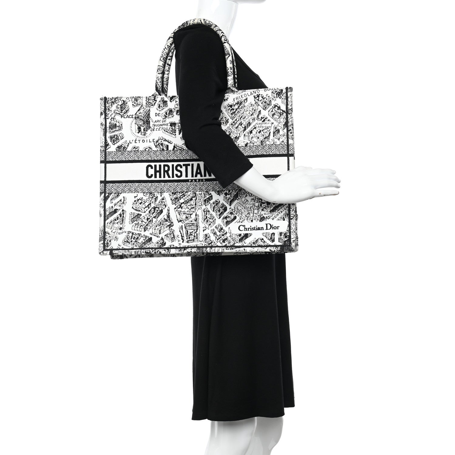 Christian Dior Canvas Embroidered Large Plan De Paris Book Tote White Black 3 of 13