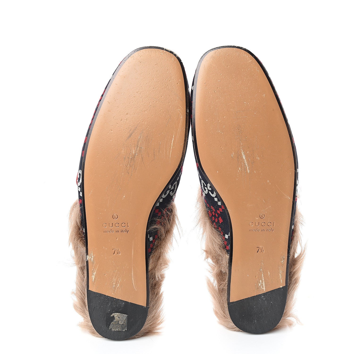 Gucci Canvas GG Monogram Diamond Fur Web GG Mens Princetown Slippers 7.5 Midnight Blue Hibiscus Red 5 of 9