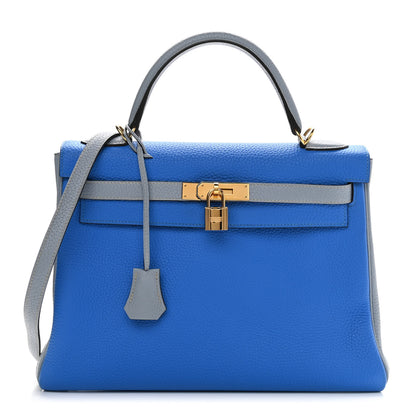 Hermes Taurillon Clemence Horseshoe Bi-Color Kelly Retourne 32 Bleu Hydra Bleu Lin 1 of 10