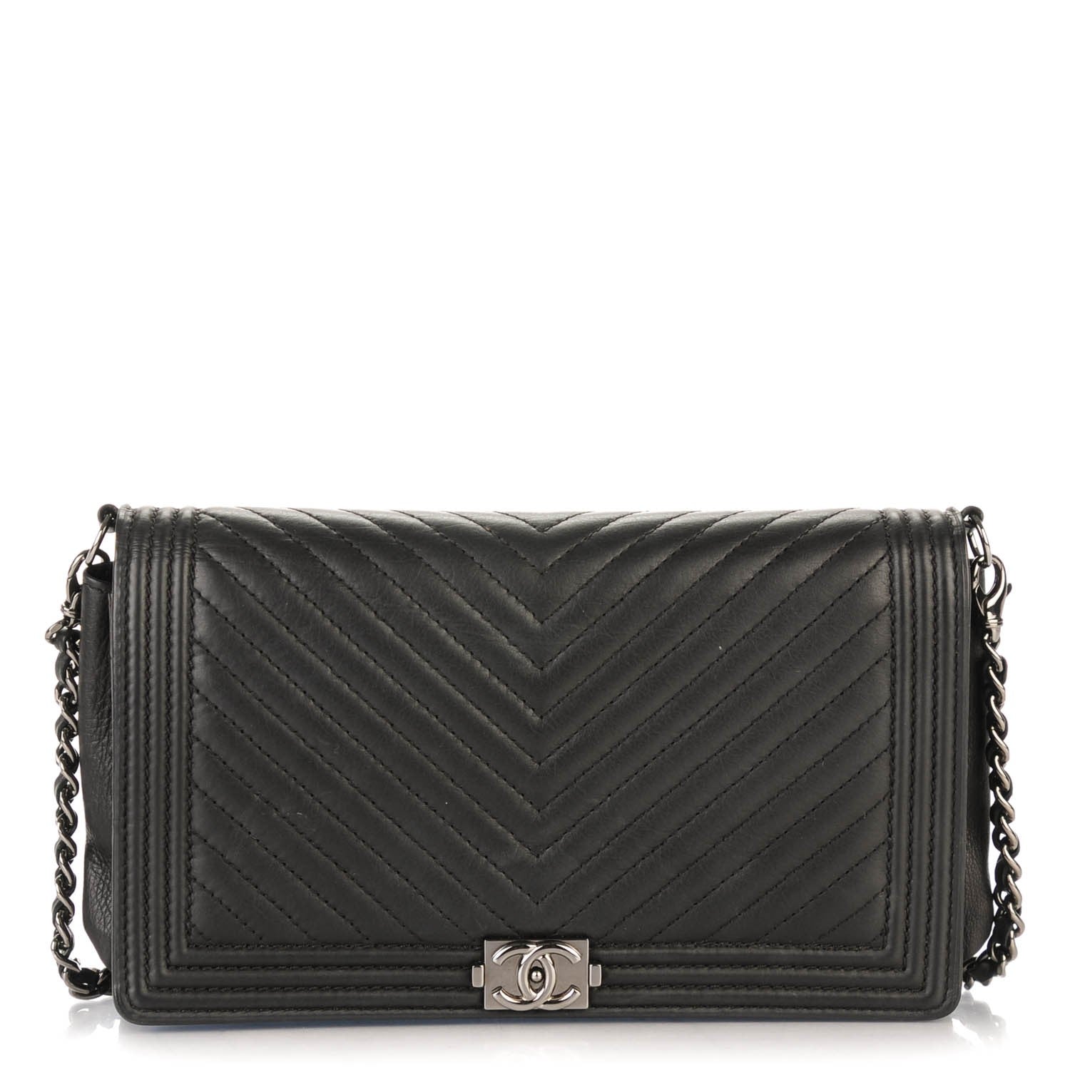 Chanel Calfskin Chevron Boy Wallet On Chain WOC Black 1 of 9