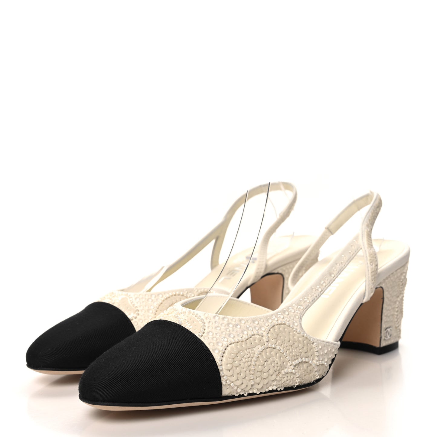 Strass Sequin Grosgrain Cap Toe CC Slingback Pumps 40 White Black