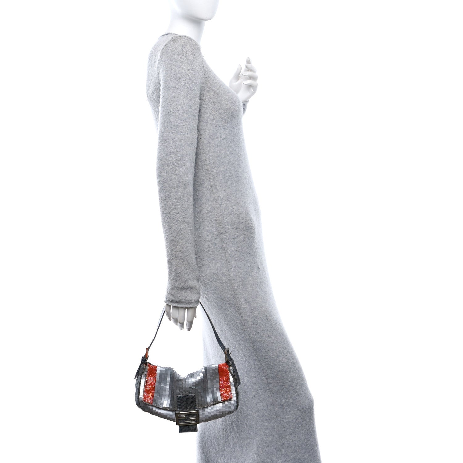Fendi Sequin Beaded Lizard Baguette Silver Orange 2 of 12