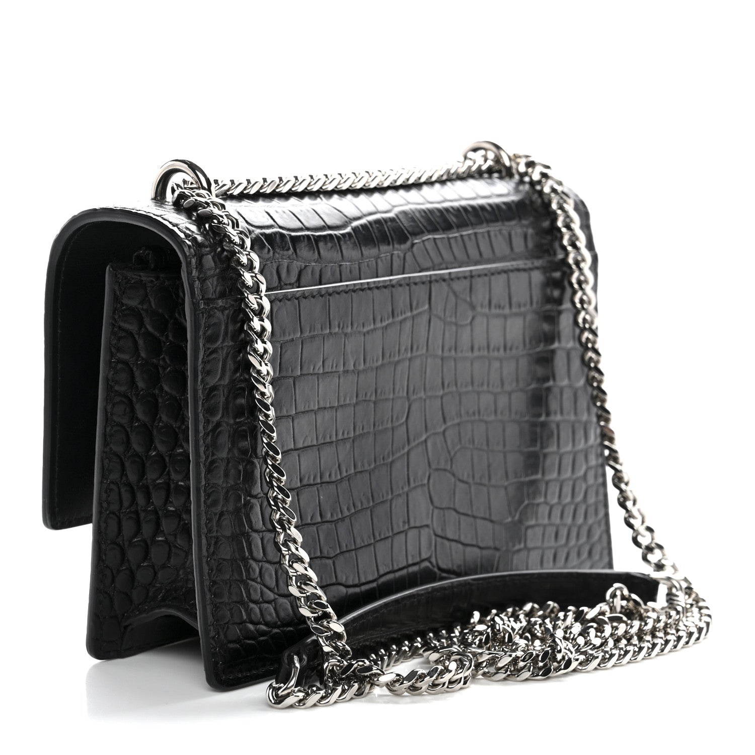 Saint Laurent Calfskin Crocodile Embossed Monogram Sunset Chain Wallet Black 3 of 11