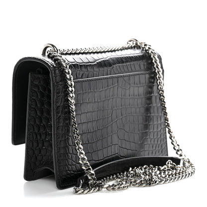 Saint Laurent Calfskin Crocodile Embossed Monogram Sunset Chain Wallet Black 3 of 11