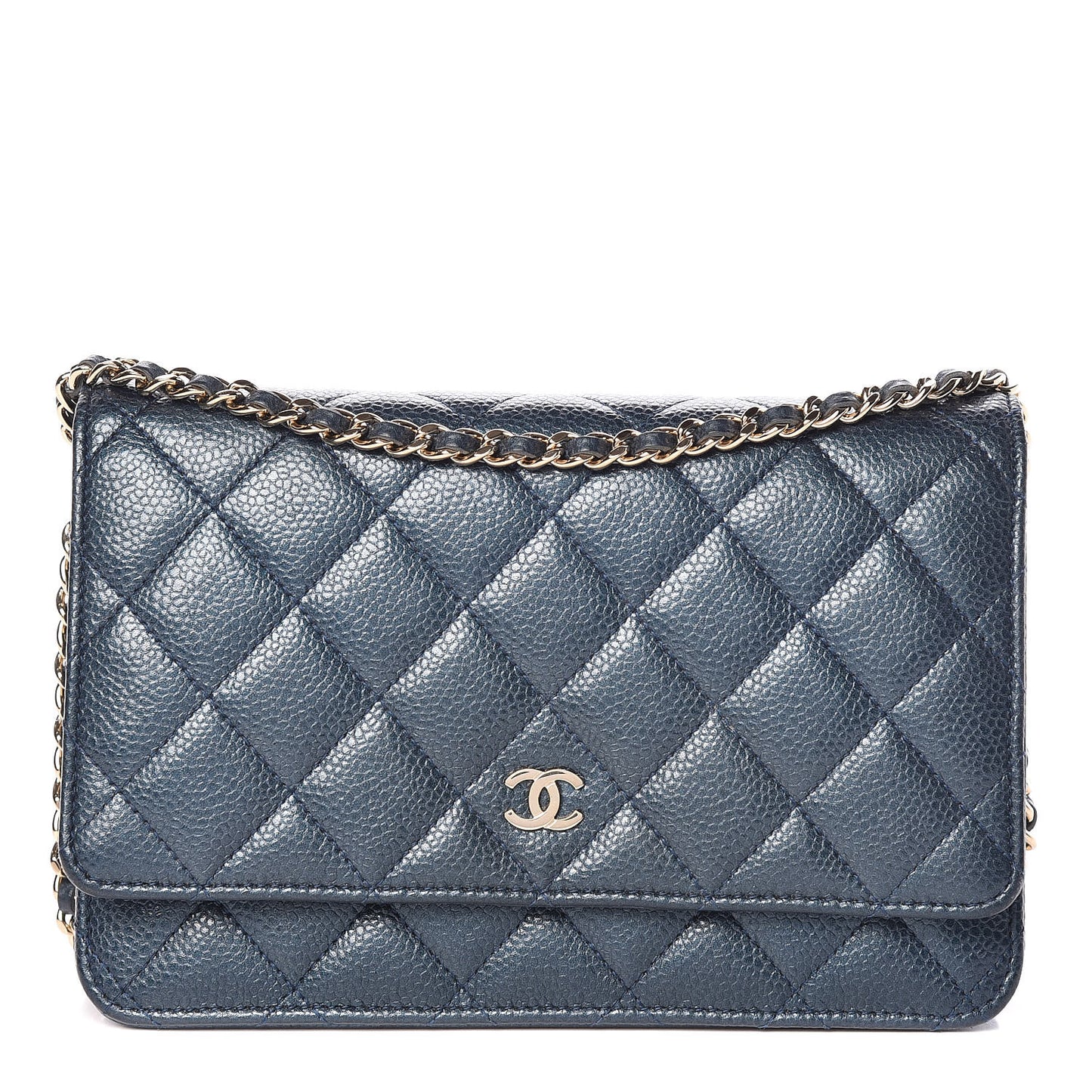 Iridescent Caviar Quilted Wallet On Chain WOC Blue