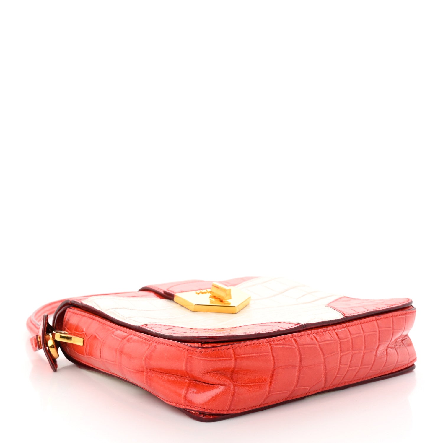 Prada Calfskin Crocodile Embossed Turn Lock Satchel Orange White 4 of 13