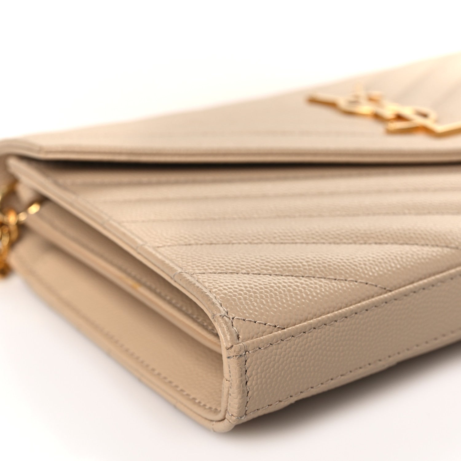 Saint Laurent Grain De Poudre Matelasse Chevron Monogram Chain Wallet Dark Beige 8 of 10
