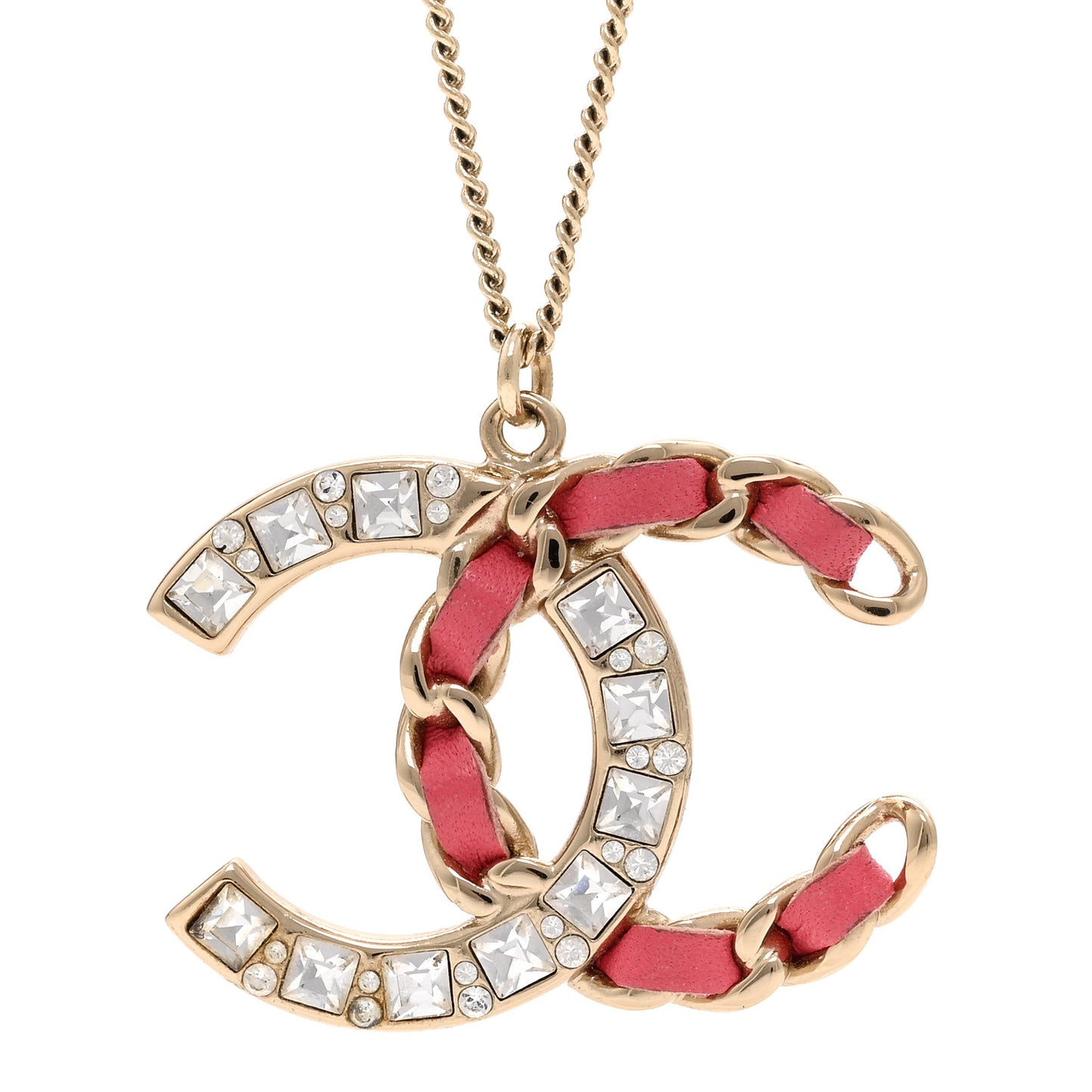 Lambskin Baguette Crystal CC Necklace Gold Pink