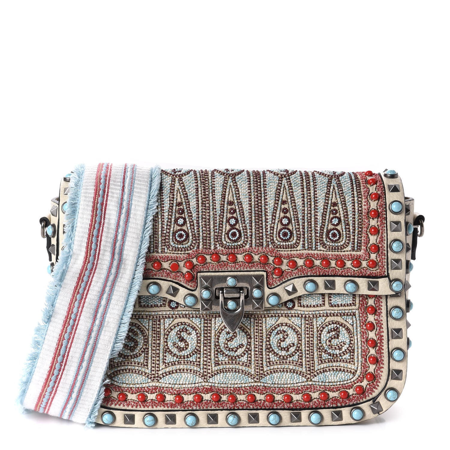 Valentino Garavani Calfskin Embroidered Medium Guitar Strap Rockstud Rolling Flap Saddle Bag 1 of 9