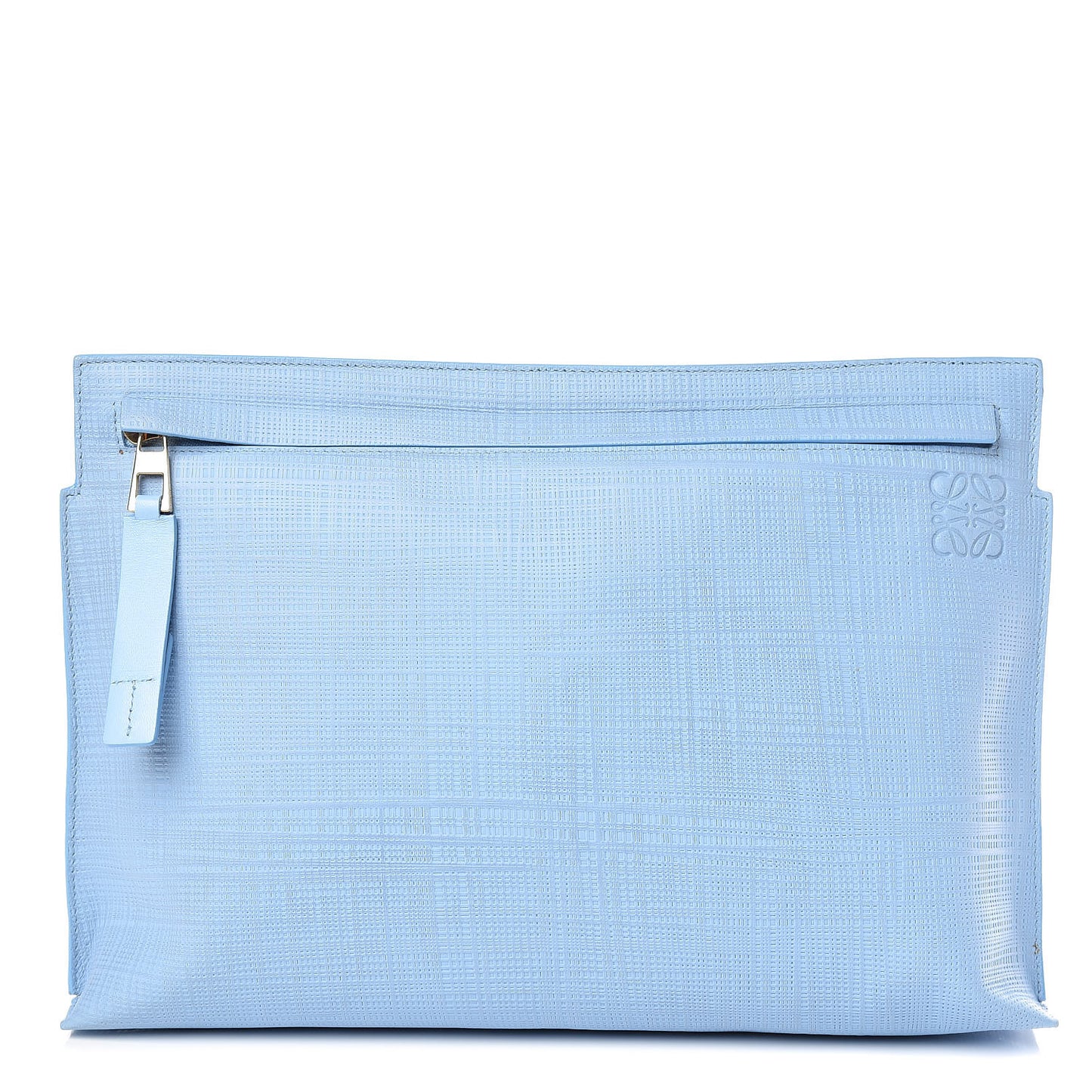 Calfskin Linen Embossed Large T Pouch Light Blue