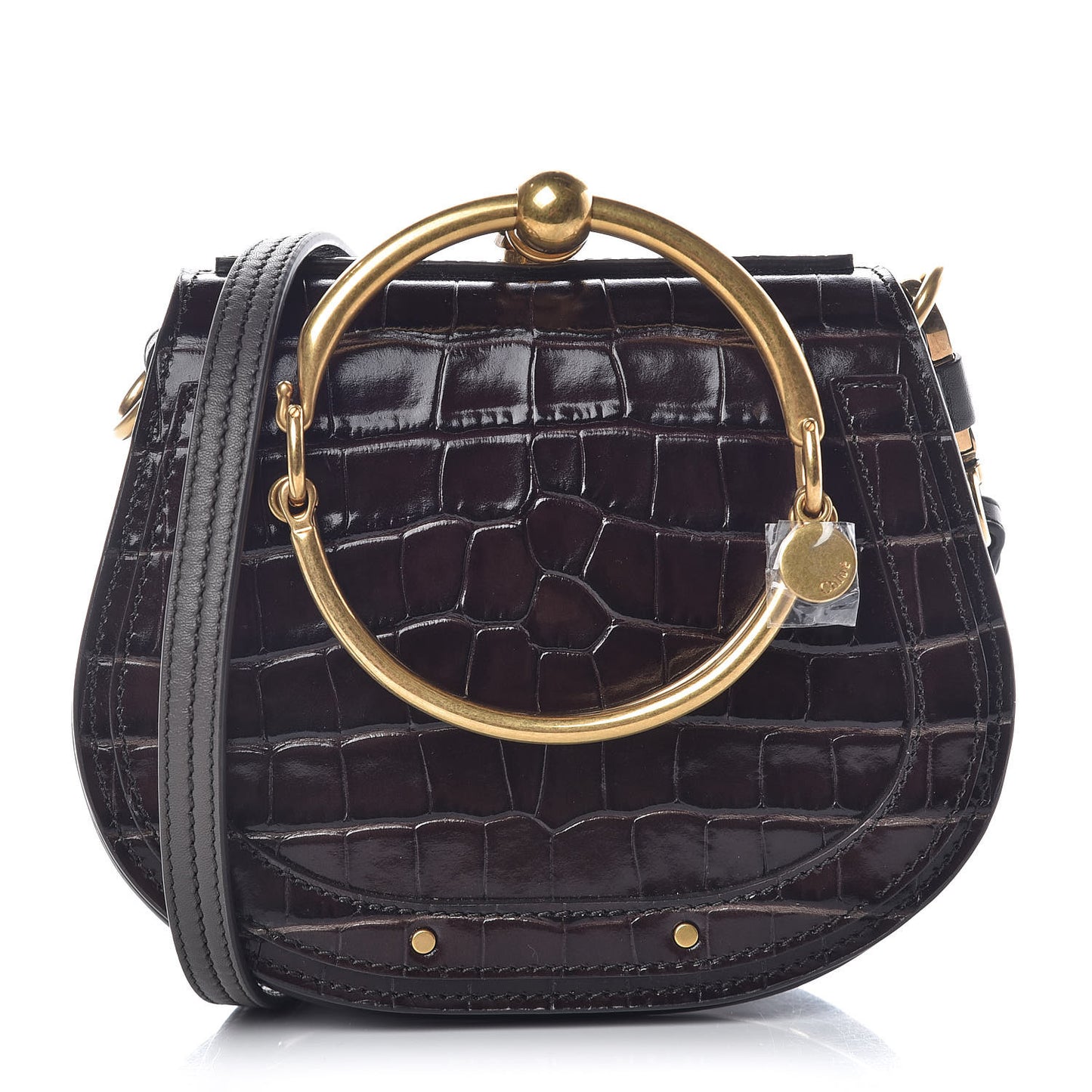 Suede Calfskin Crocodile Embossed Small Nile Bracelet Bag Profound Brown