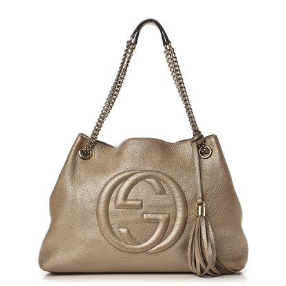 Gucci Metallic Pebbled Calfskin Medium Soho Chain Shoulder Bag Golden Beige 1 of 13