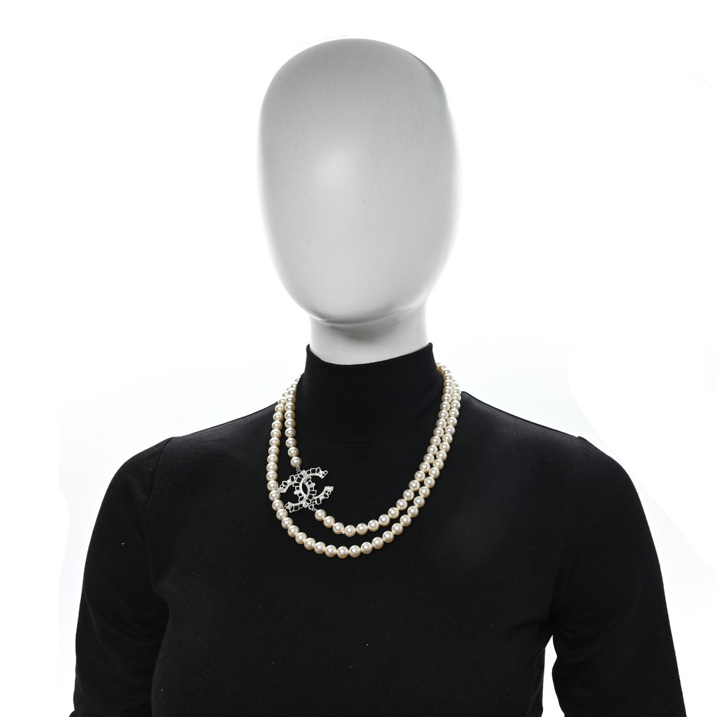 Pearl Bead Crystal CC Long Necklace White Silver Black