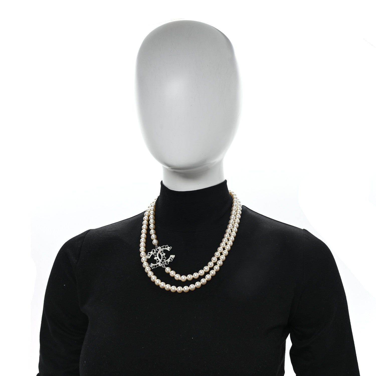 Chanel Pearl Bead Crystal CC Long Necklace White Silver Black 2 of 5