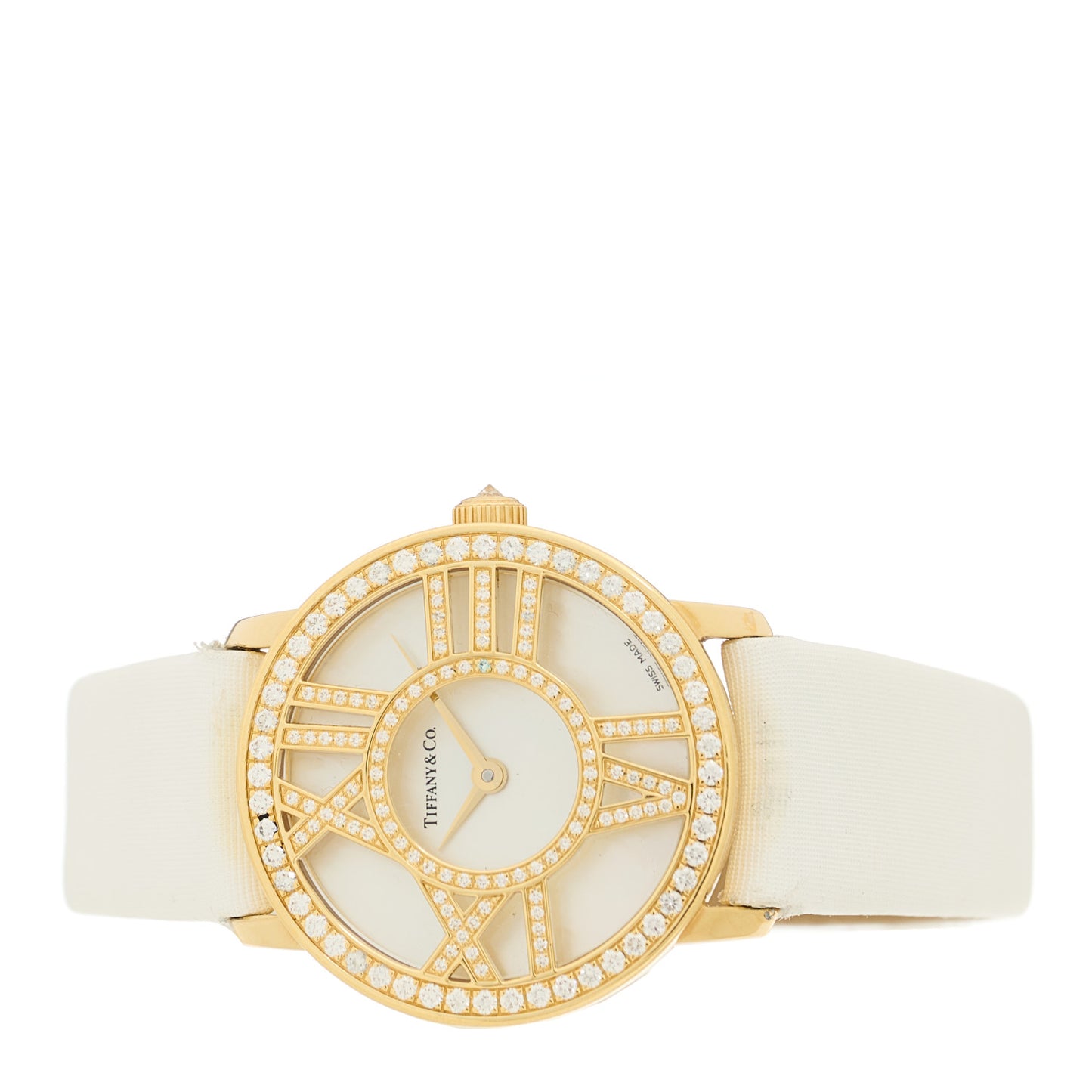 18K Yellow Gold Satin Diamond Mother of Pearl 26mm Atlas Round Cocktail Quartz Watch