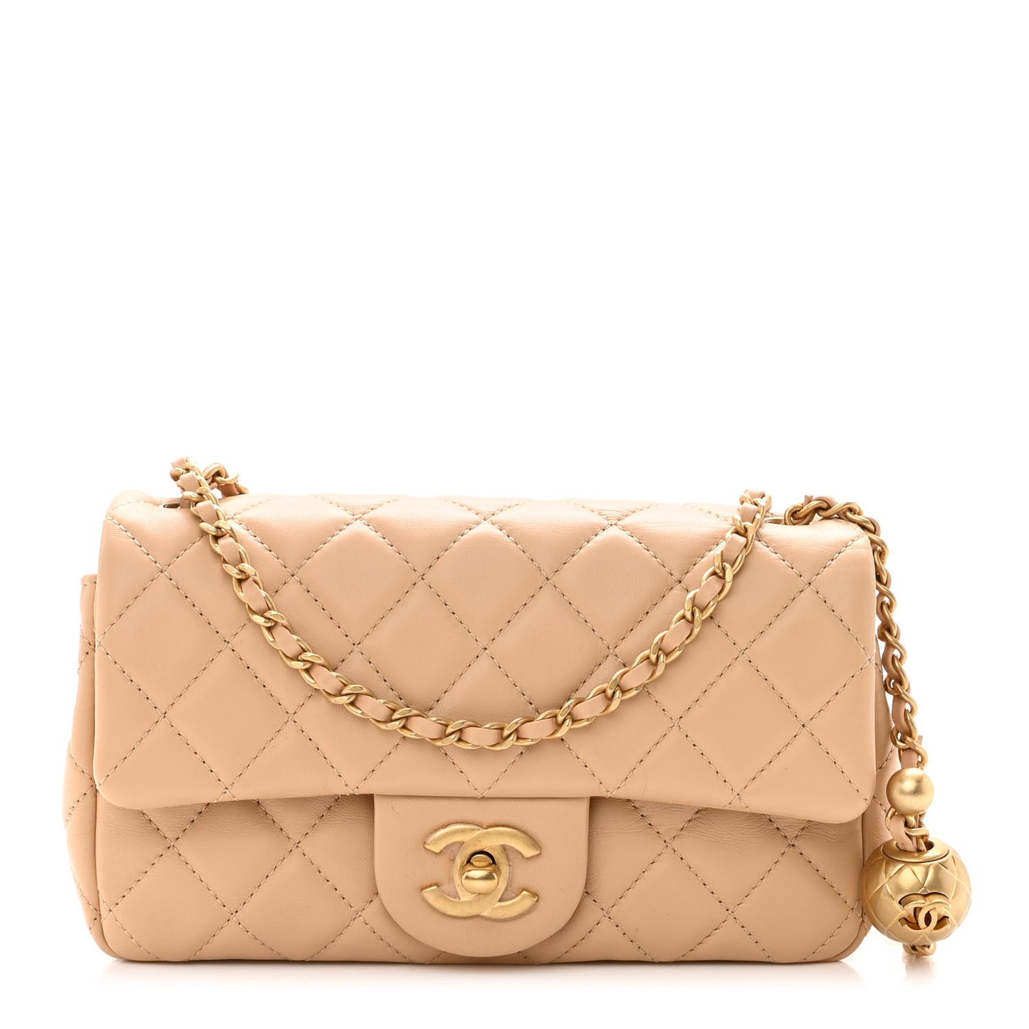 Lambskin Quilted Mini Rectangular Pearl Crush Flap Beige