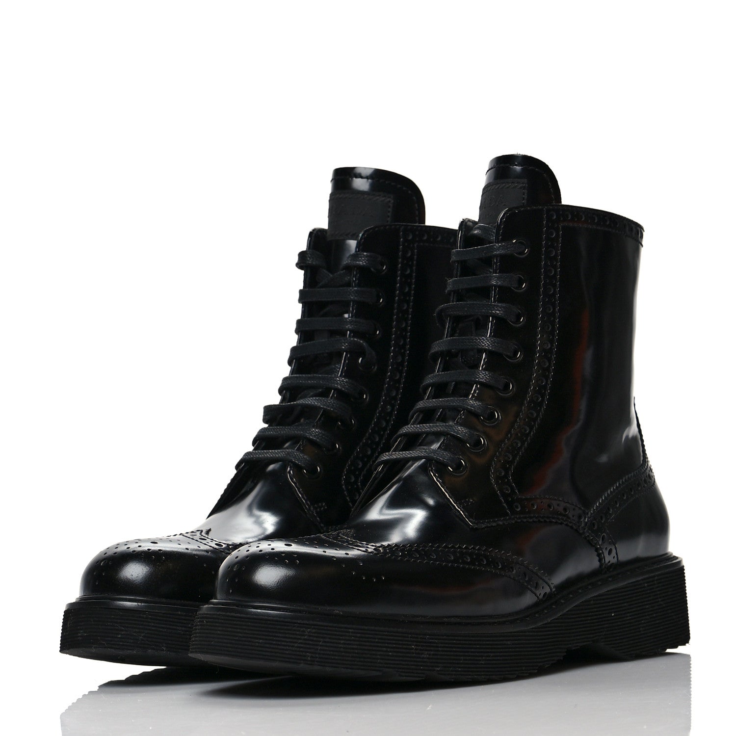 Prada Spazzolato Brogue Perforated Womens Wingtip Combat Boots 38.5 Black 3 of 7