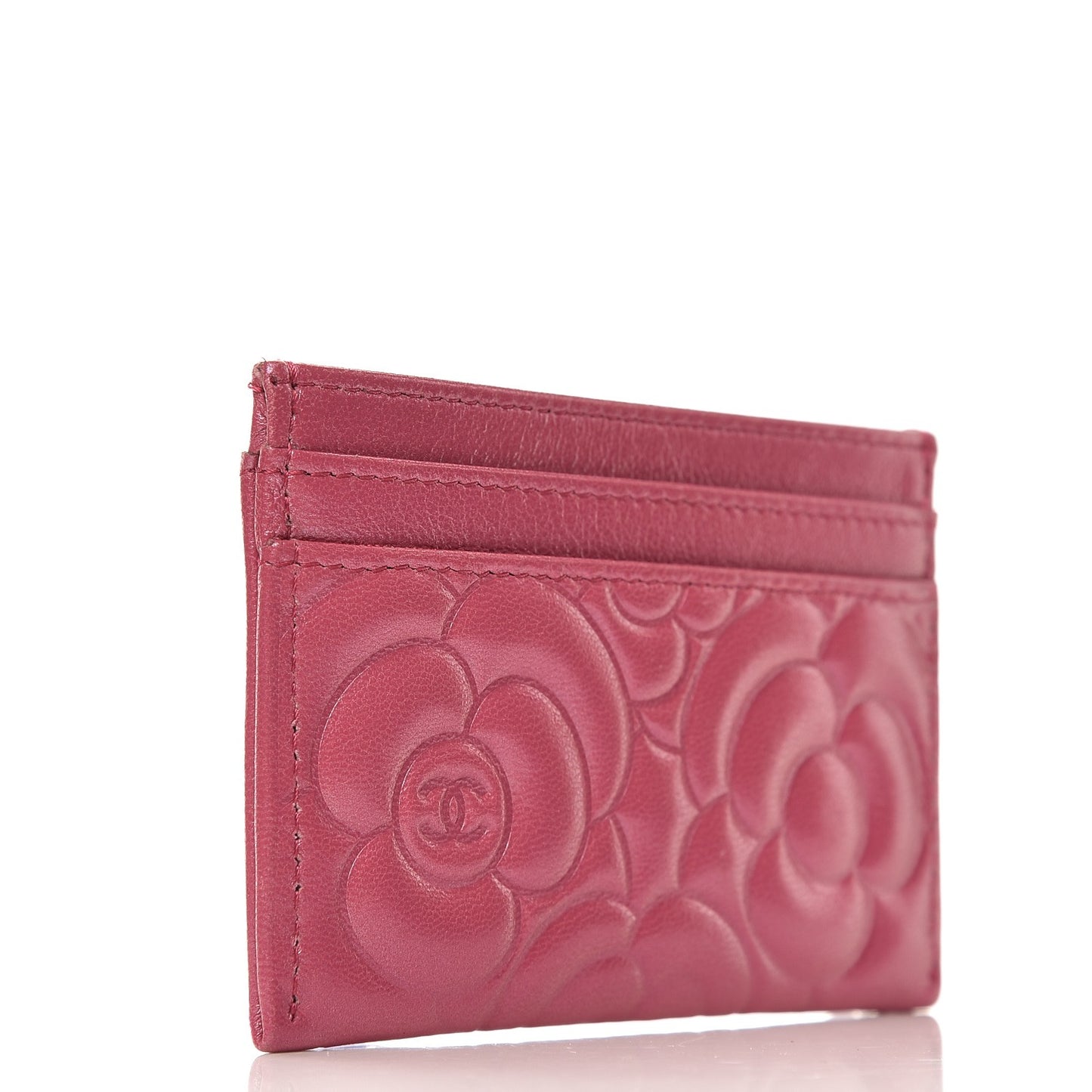 Lambskin Camellia Embossed Card Holder Fuchsia