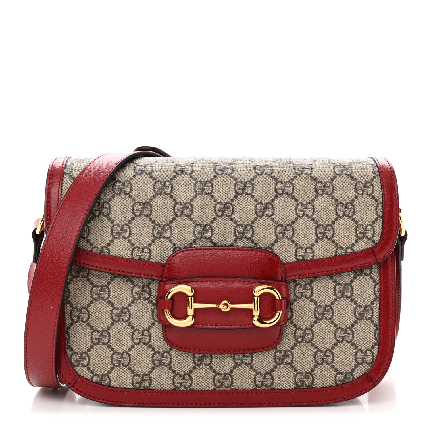 Gucci GG Supreme Monogram Azalea Calfskin Horsebit 1955 Shoulder Bag Beige Ebony New Cherry Red 1 of 11