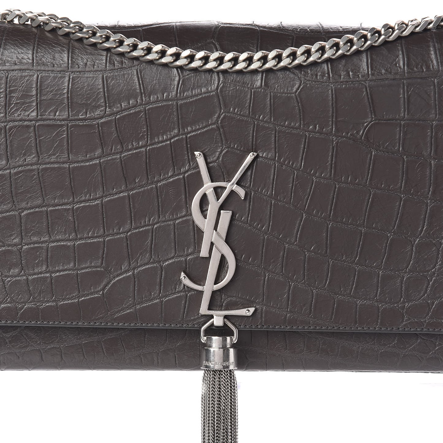 Calfskin Crocodile Embossed Medium Classic Monogram Kate Tassel Satchel Earth Grey