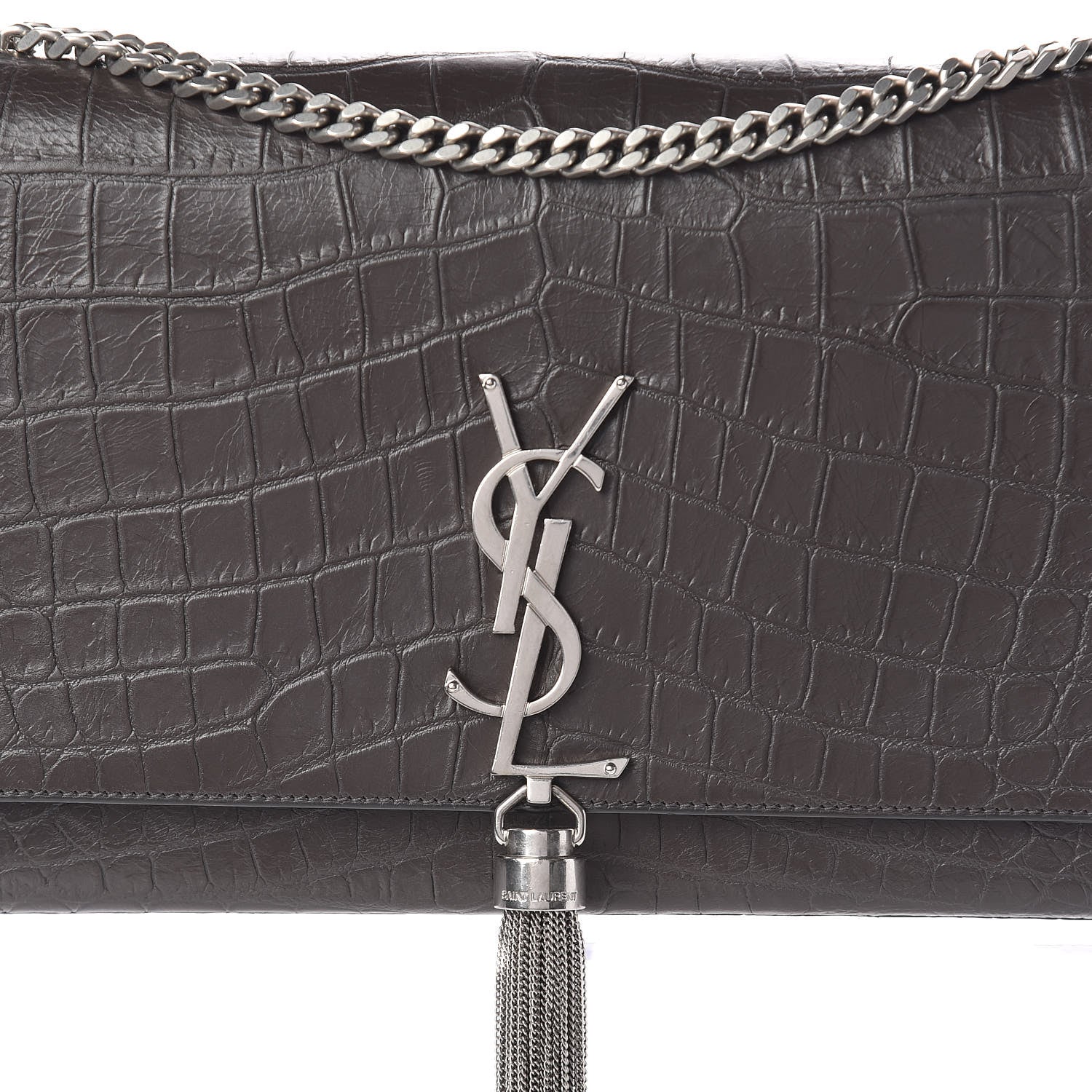 Saint Laurent Calfskin Crocodile Embossed Medium Classic Monogram Kate Tassel Satchel Earth Grey 9 of 11